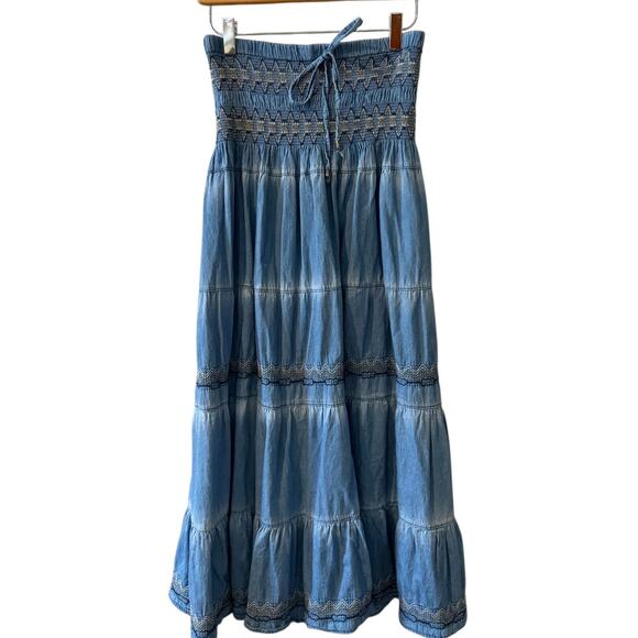 Indigo & Lace Tiered Chambray Peasant Midi Skirt M - Picture 1 of 6